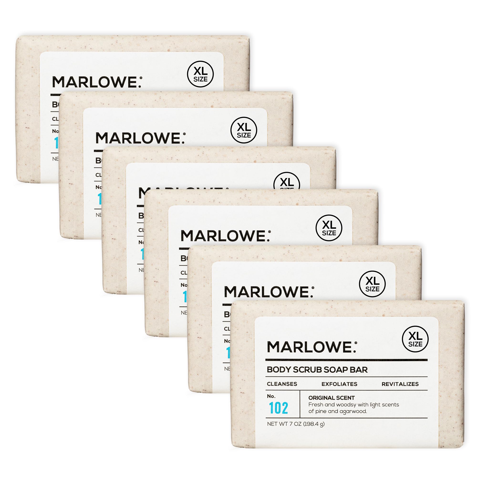 MARLOWE. No. 102 Body Scrub Soap 7 oz (6 Bars) Exfoliating Soap Bar with Shea Butter, Olive Oil & Green Tea, Cleanses & Smooths, Sage & Fir Scent