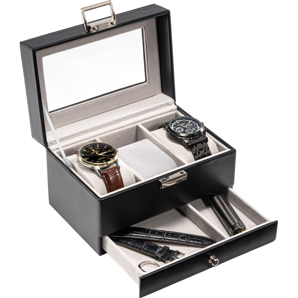 ProCase Watch Box, 3 Slot Watch Display Case with Drawer -Black