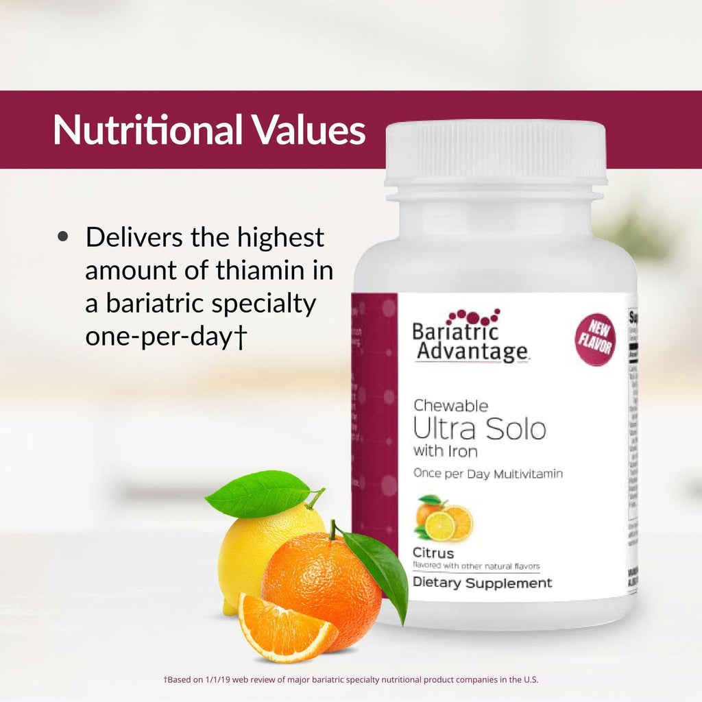 Bariatric Advantage Chewable Ultra Solo with Iron - Once-Per-Day Daily Multivitamin - for Bariatric Patients - with Thiamin, Vitamin A & More - Gluten Free - Citrus - 30 Tablets