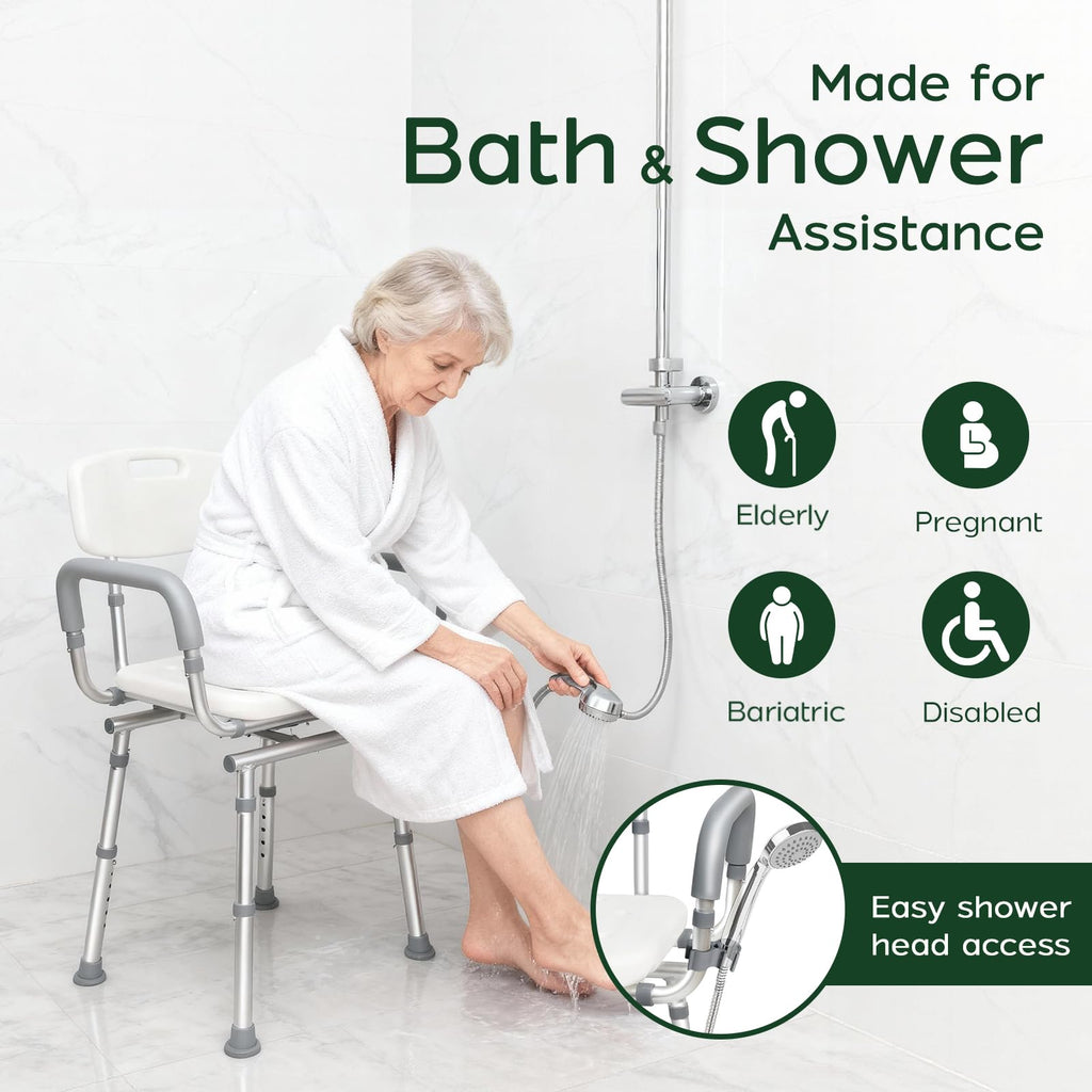 Swivel Shower Chair with Arms and Back, 450lbs Heavy Duty Shower Chair for Elderly and Disabled, Handicap Shower Chairs for Inside Shower Stool & Bath Tub Seat for Adults