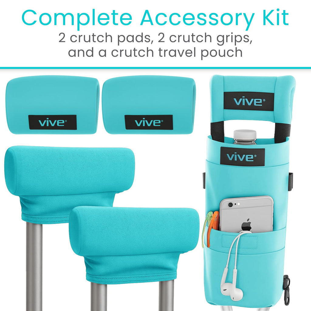Vive Premium Crutch Pads, Bag, & Hand Grips (5 PCS) - Crutches for Adults Armpit Padding, Hand Grips, Accessories Pouch - Soft Tips Medical Padded Handles for Kids, Men, Women - Lightweight (Teal)