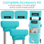 Vive Premium Crutch Pads, Bag, & Hand Grips (5 PCS) - Crutches for Adults Armpit Padding, Hand Grips, Accessories Pouch - Soft Tips Medical Padded Handles for Kids, Men, Women - Lightweight (Teal)