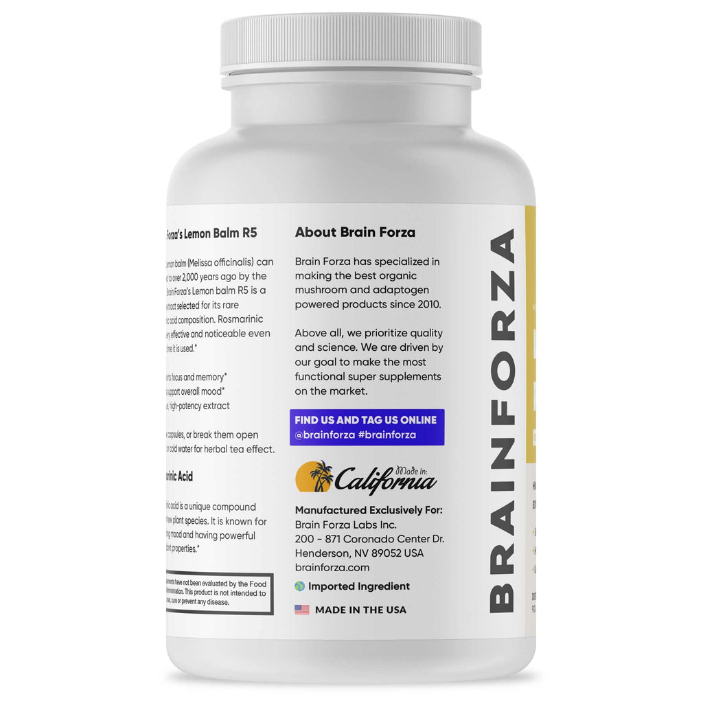 Brain Forza Lemon Balm R5 Extract Capsules - Standardized Extract 5% Rosmarinic Acid, 90 Capsules