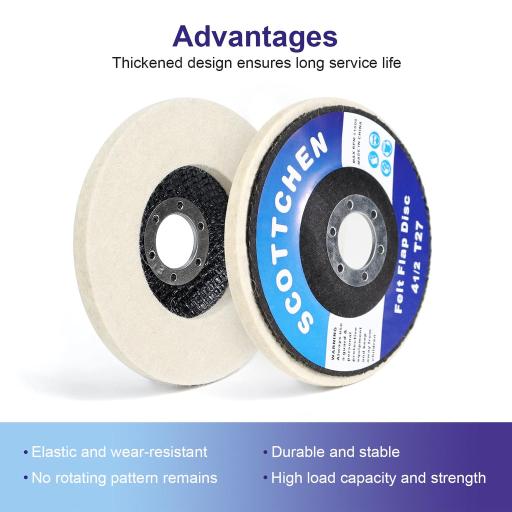 SCOTTCHEN Fiberglass Backing Wool Felt Polishing Wheel Disc,4-1/2" x 7/8" Arbor, for Angle Grinder for Metal Aluminum,Stainless Steel, Chrome, Wood, Plastic, Ceramic, Glass-5 Pack