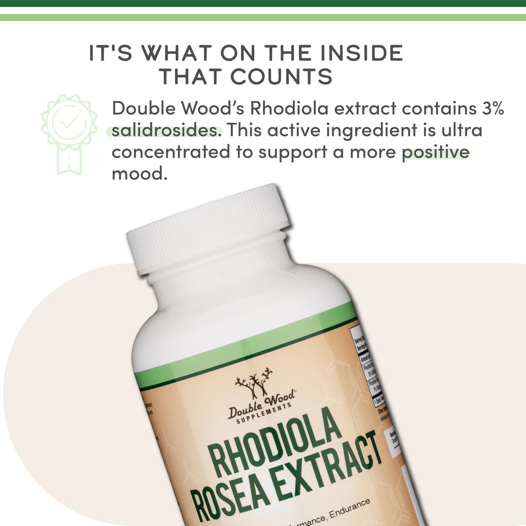 Rhodiola Rosea Supplement 500mg, 120 Vegan Capsules (Third Party Test, Gluten Free, 3% Salidrosides, 1% Rosavins Extract) for Performance, Calming, Motivation by Double Wood