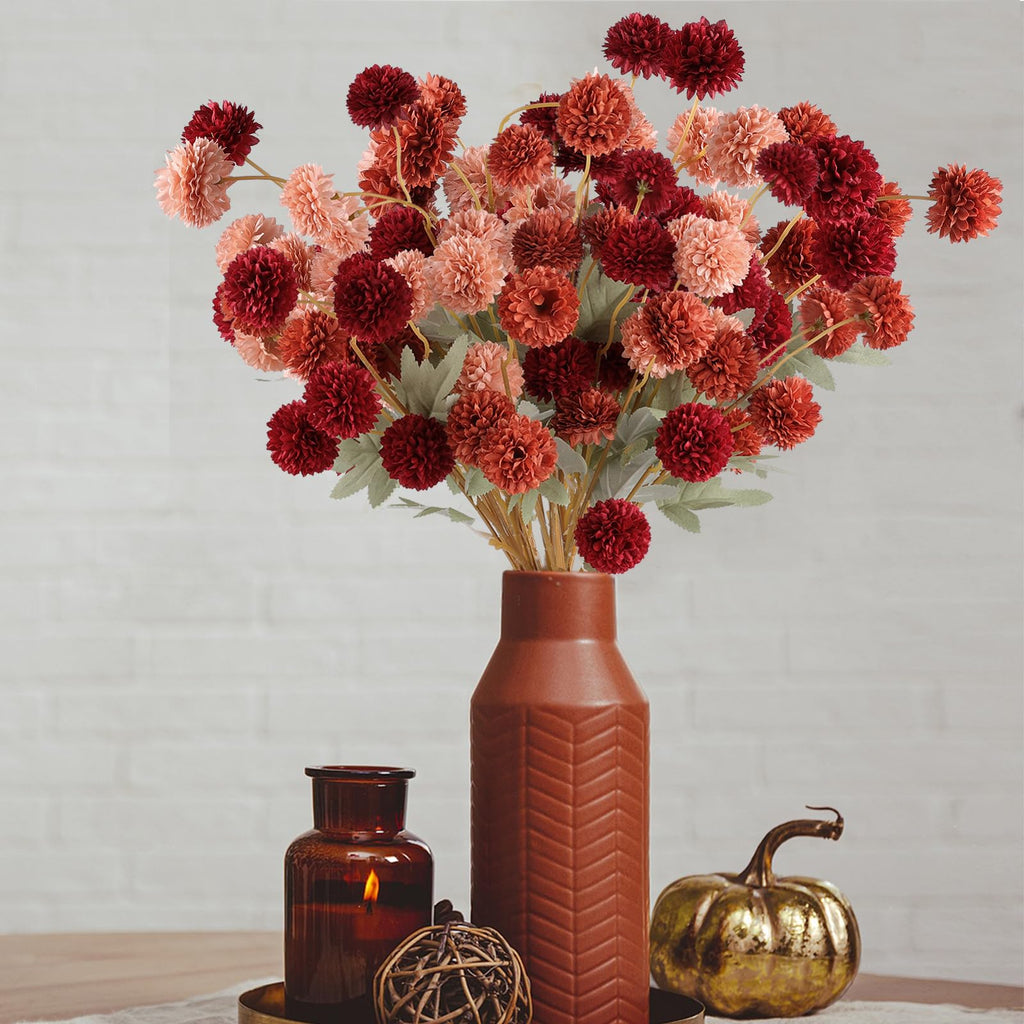 Hananona 12 Pcs Artificial Chrysanthemum Flowers, Orange Kiku Pom Pom Mums Flower Faux Fall Floral for Autumn Halloween Kitchen Table Centerpiece Home Decor (12, Burgundy, Burnt Orange, Deep Peach)