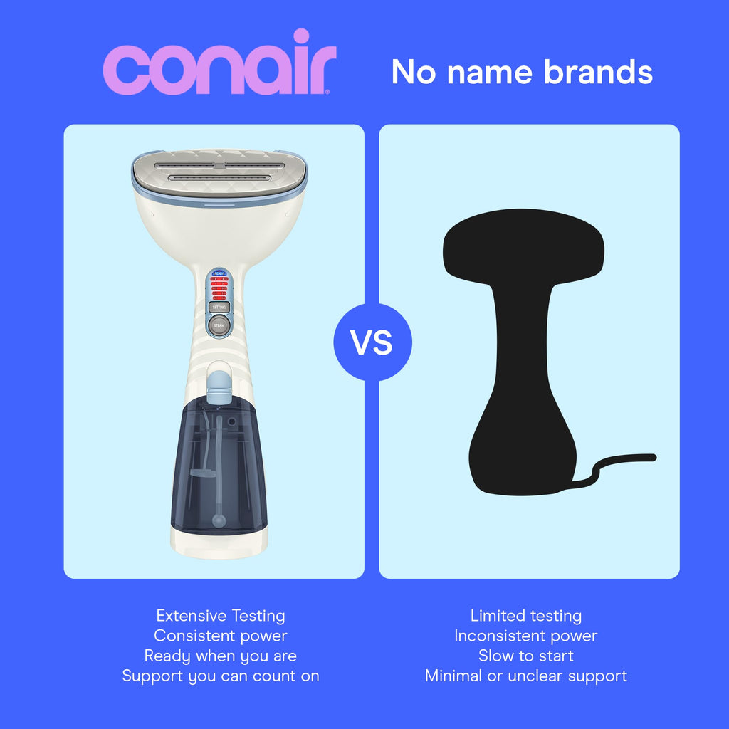 Conair Handheld Steamer for Clothes & Upholstery, 3 Attachments, White/Blue