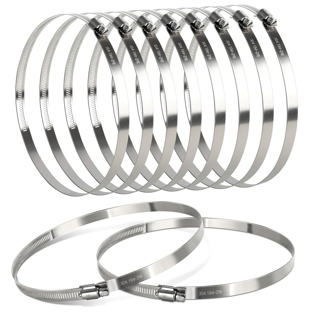 8 Inch Hose Clamp, 10 Pack Stainless Steel Clamps for 7 Inch to 8 Inch Hose Pipe, Adjustable Large Worm Gear Clamps for Air Ducting, Dryer Vent Hose, Plumbing, Automotive, Mechanical