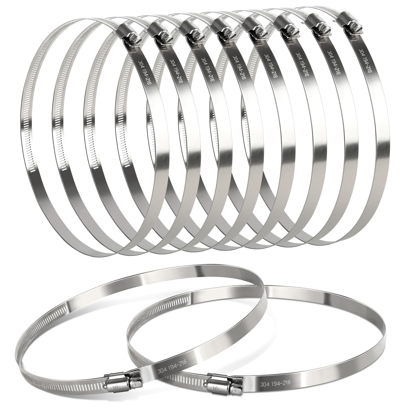 8 Inch Hose Clamp, 10 Pack Stainless Steel Clamps for 7 Inch to 8 Inch Hose Pipe, Adjustable Large Worm Gear Clamps for Air Ducting, Dryer Vent Hose, Plumbing, Automotive, Mechanical