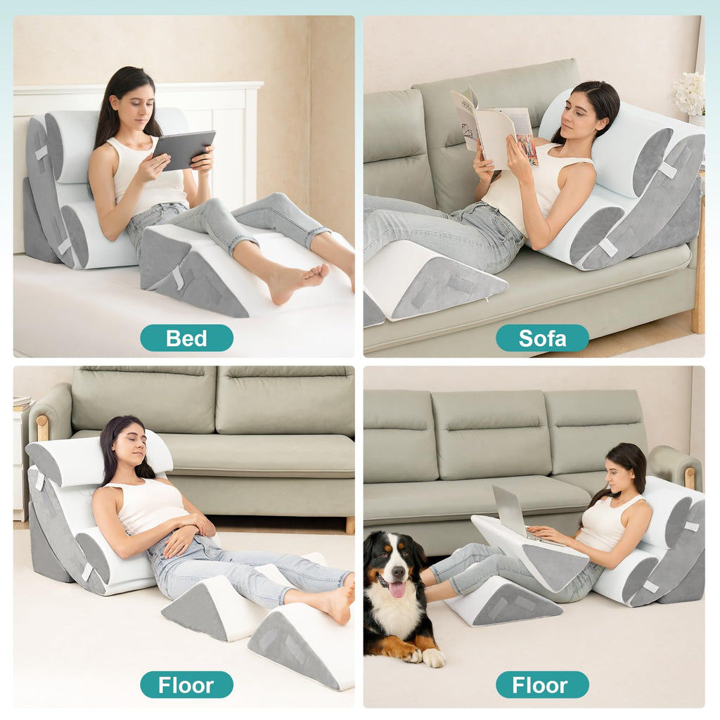 Hansleep Bed Wedge Pillow Set for After Surgery 6PCS, Post Surgery Pillow for Sleep Apnea and Acid Reflux Relief, Adjustable Reading Pillows Back Support with Memory Foam, White, 23"