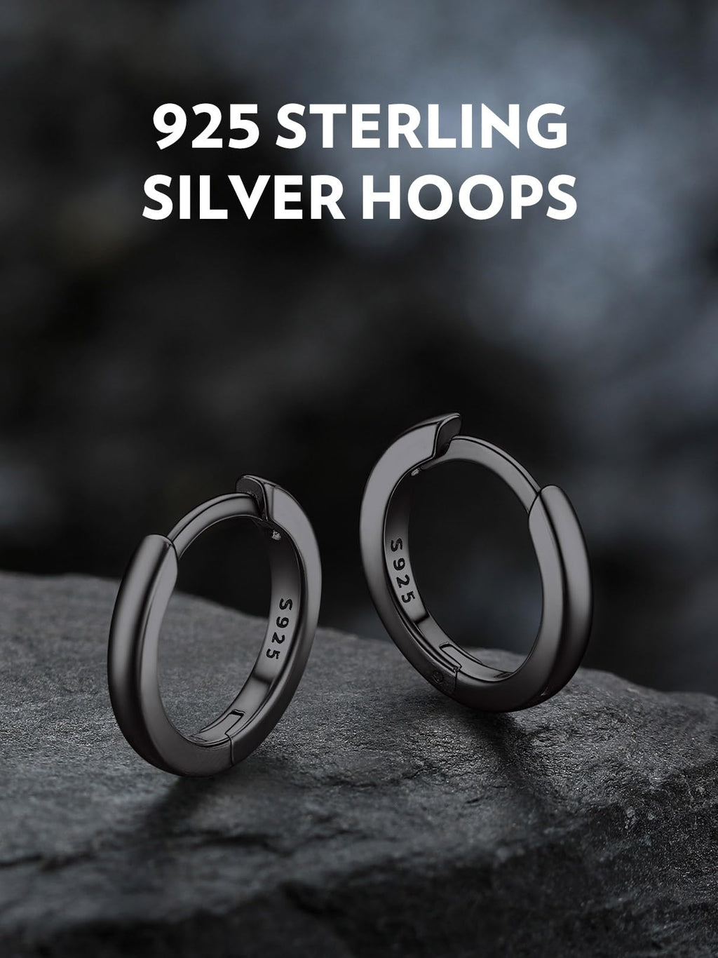 Bandmax Mens Black Small Huggie Hoop Earrings 925 Sterling Silver 10mm Round Huggy Ear Hoops Aretes Negros para Hombre Silver Ears Jewelry Gift for Women Men