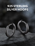 Bandmax Mens Black Small Huggie Hoop Earrings 925 Sterling Silver 10mm Round Huggy Ear Hoops Aretes Negros para Hombre Silver Ears Jewelry Gift for Women Men