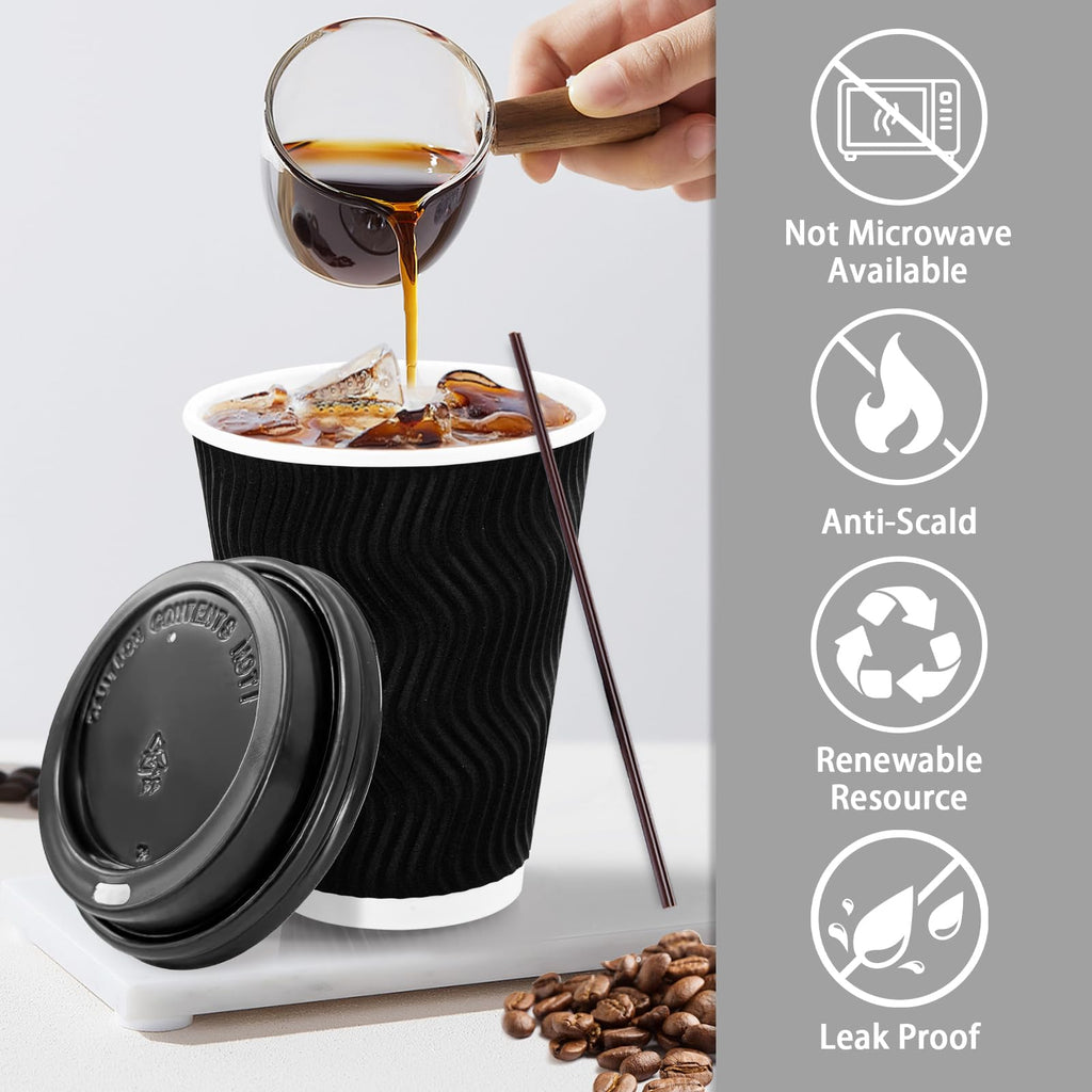 Lamosi 12 oz Disposable Coffee Cups with Lids, 50 Pack Insulated Hot Cups To Go Paper Coffee Cups with Lids and Straws, Corrugated Ripple Wall Cup for Hot Drink, Office, Coffee Bar (Black)