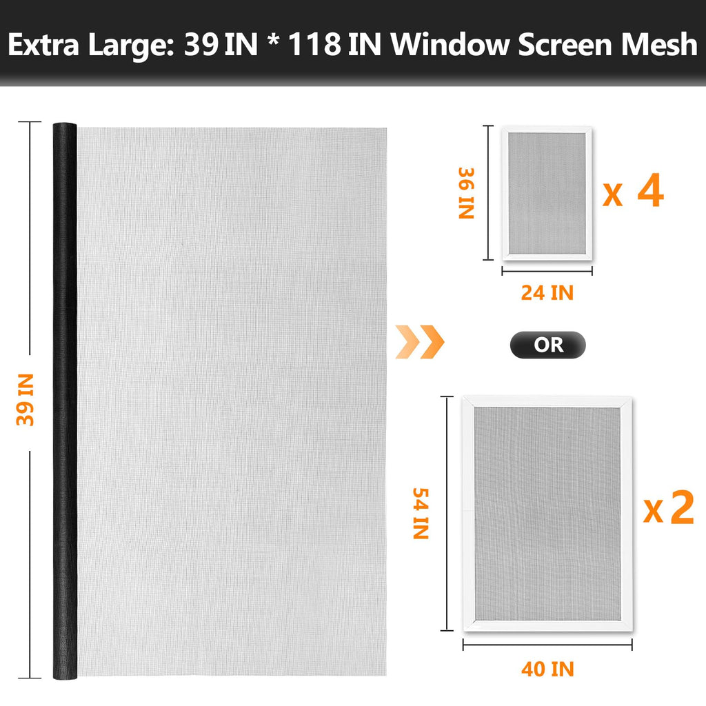 Secopad Window Screens Replacement Repair Kit, Black Screen Door Mesh Replacement Kit, Durable Fiberglass Mesh Roll with Tools for Windows Doors Patio and Porch, 39in x 118in