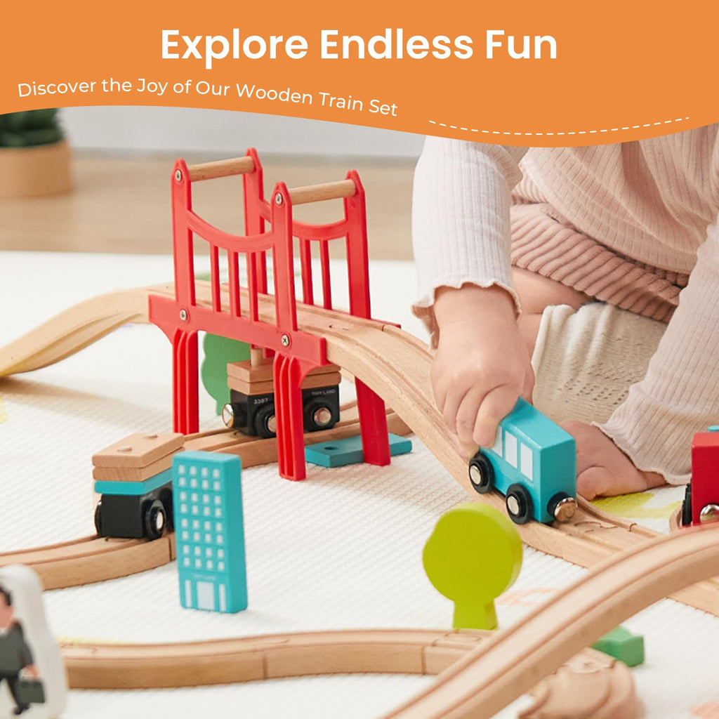 Tiny Land 39 Pcs Wooden Train Set for Toddler Ages3+ with Wooden Tracks