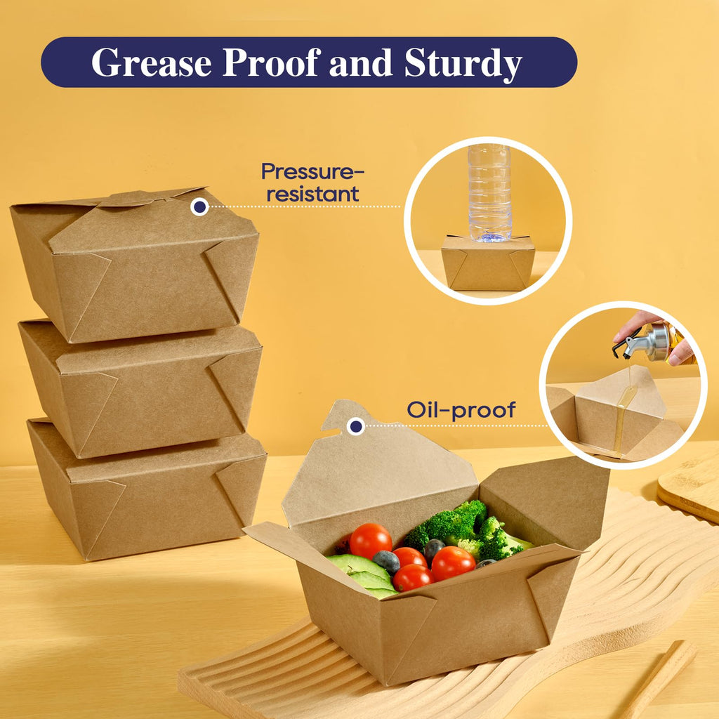 LITOPAK 50 Pack 27 oz Take Out Food Containers, Kraft Brown Take Out Boxes Leak Grease Resistant and Stackable for Restaurants, Homes, Offices, Picnics