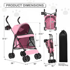 MoNiBloom 4 Wheels Pet Stroller, Easy-Fold Puppy Cage Jogger Stroller with Sun Cover, Pad and Rear Storage Bag, Breathable and Visible Mesh for Small/Medium Pets up to 22 lbs, Pink