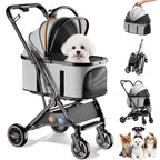 GTPLAYER Pet Stroller for Small Dogs and Cats, One-Click Foldable, Detachable Carrier, Breathable Mesh, 45 lbs Capacity, 2 Safety Leashes, Storage Basket & Cup Holder, Grey