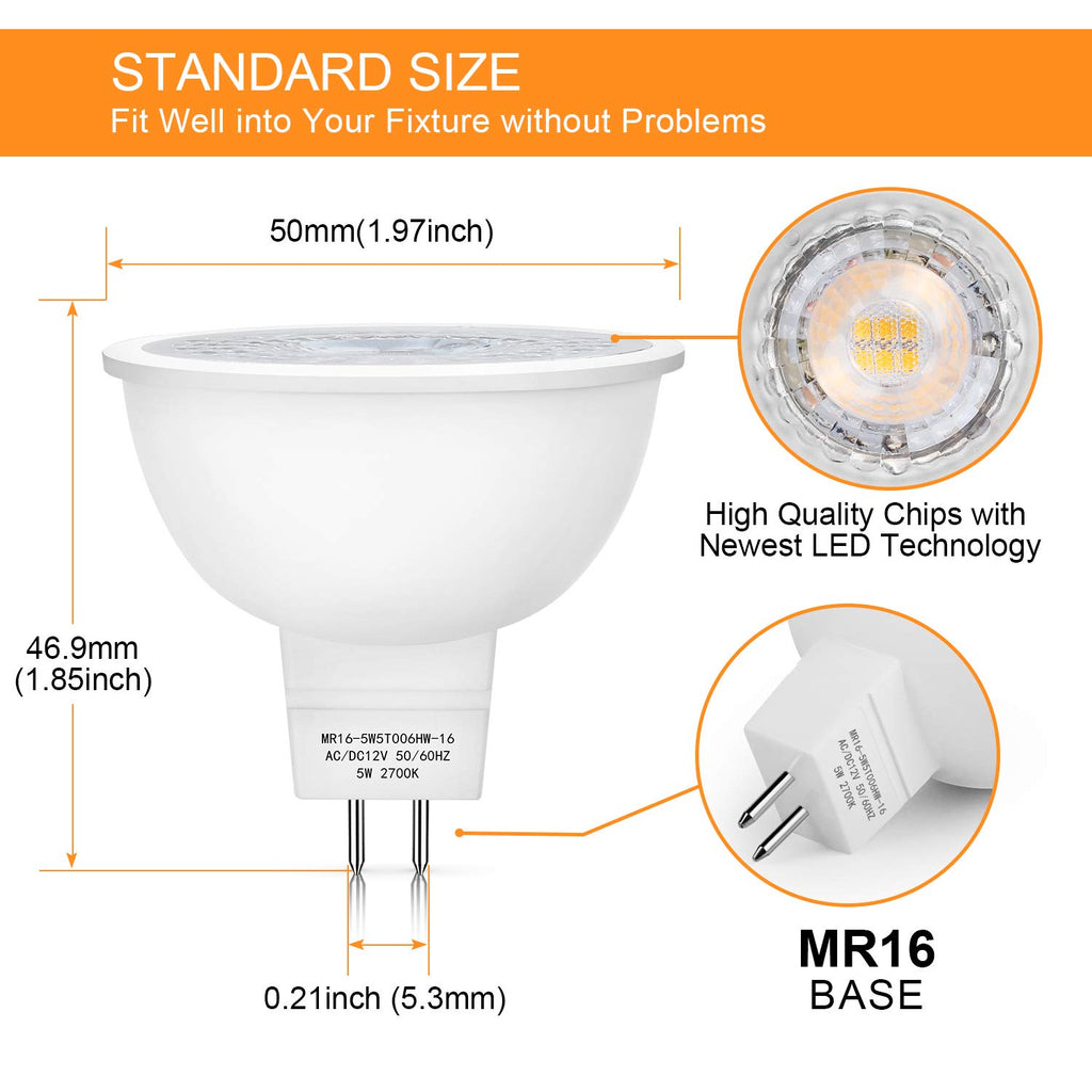 Mlambert 48 Pack MR16 LED Bulbs 50W Halogen Equivalent,2700K Warm White,5W GU5.3 MR16 12V Spotlight Bulb,Non-Dimmable,45° Beam Angle for Landscape