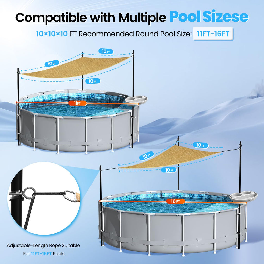 Vidoya Pool Shade Set for 11-16 Ft Above Ground Pools - UV-Resistant Shade Sail Triangular 10'x10'x10' with Storage Tray, Outdoor Sun Shade Canopy with Poles for Deck, Patio, Garden, Pool Accessories
