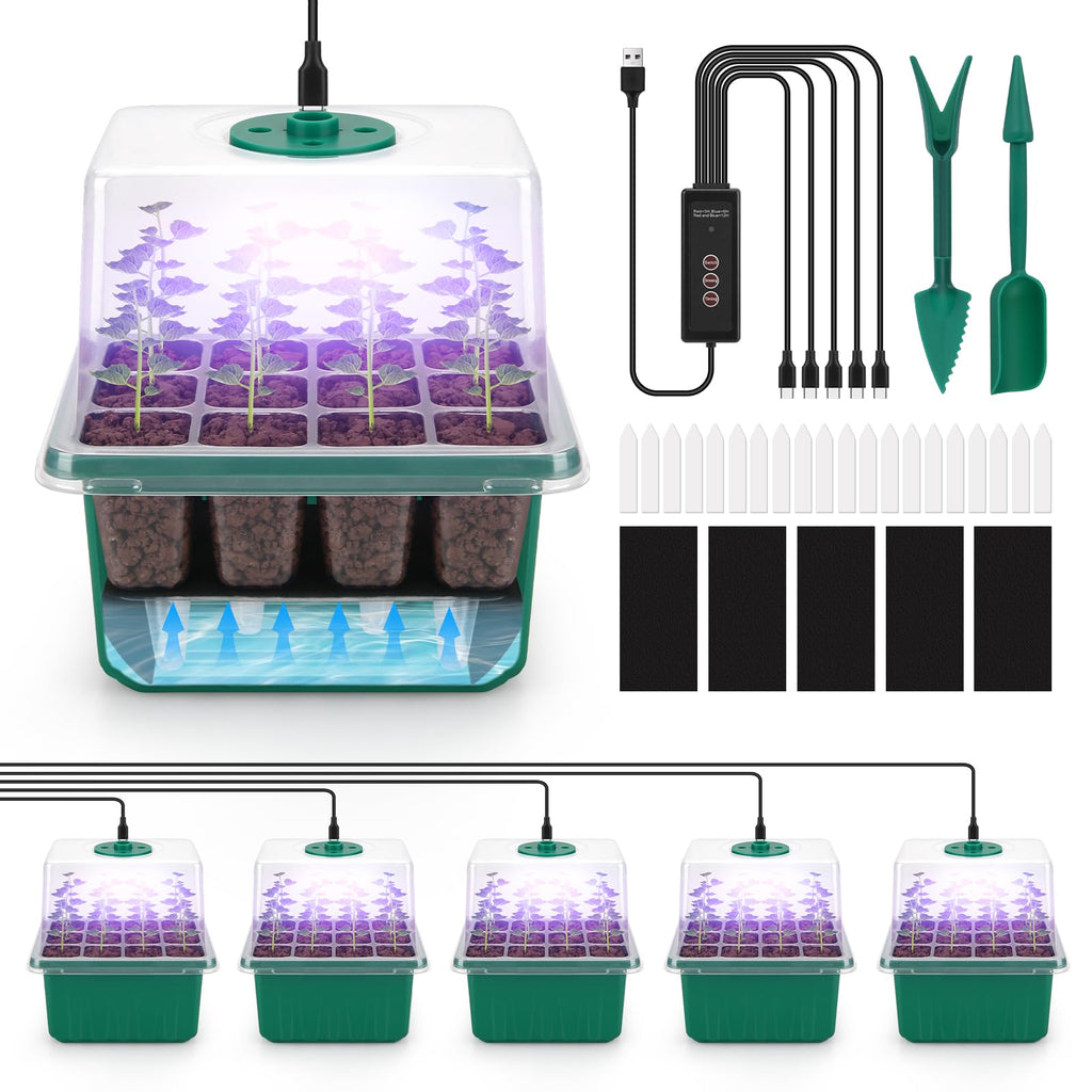 BlumWay Self-Watering Seed Starter Tray with Grow Light, 5 Pack 60 Cells