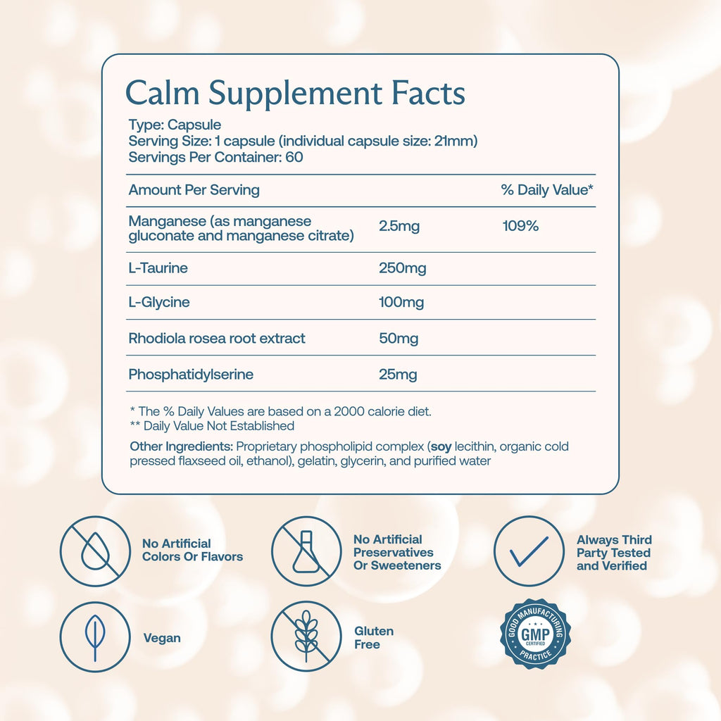 BodyBio Calm - Natural Stress Relief Blend with Rhodiola, Glycine & Phosphatidylserine - Supports Relaxation, Mental Focus & Balanced Cortisol - Non - Drowsy Formula 60 Capsules