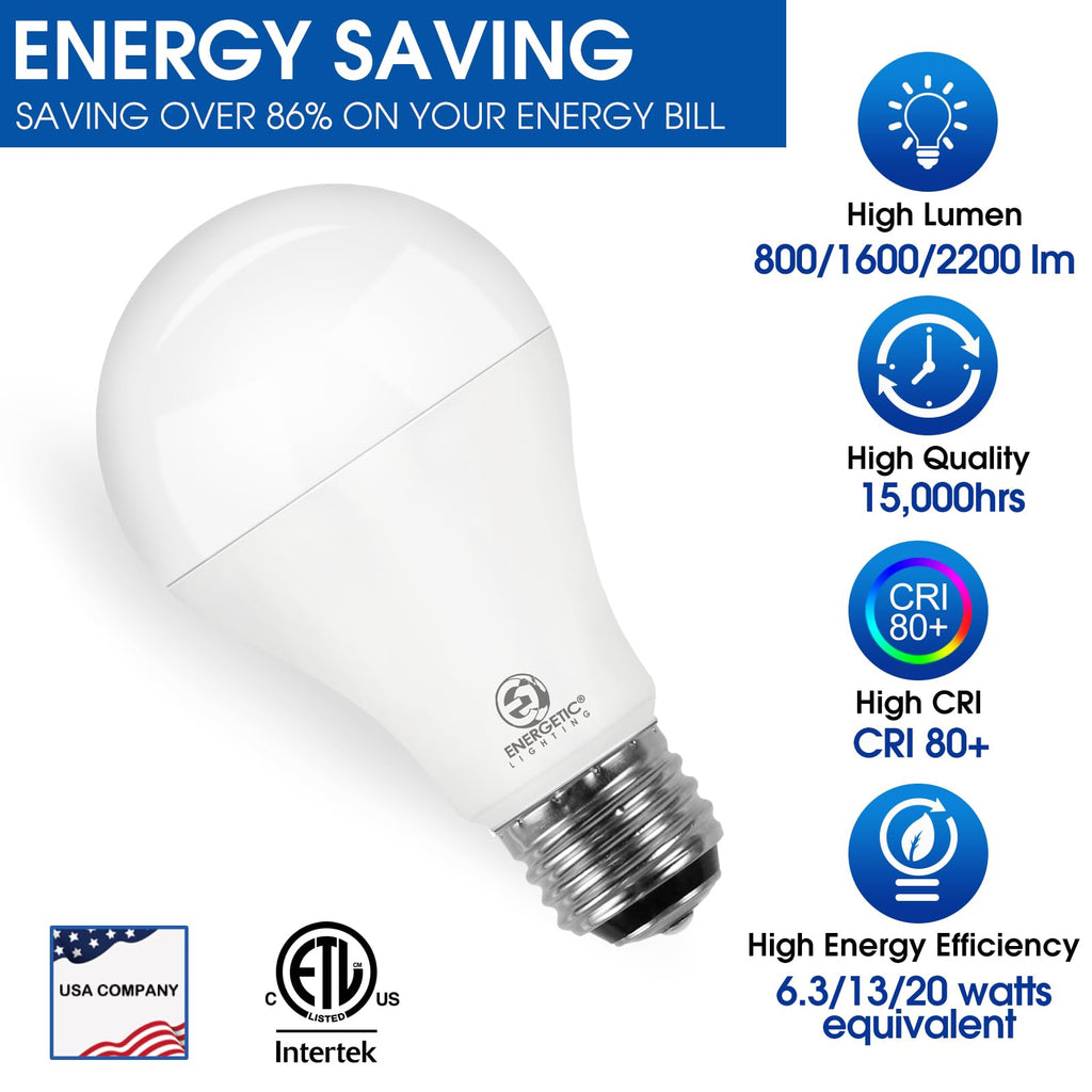 Super Bright 50/100/150W 3-Way A21 LED Light Bulb, 800/1600/2200 Lumens, 4000K Cool White, Non-dimmable, E26 Base, UL Listed, 2-Pack