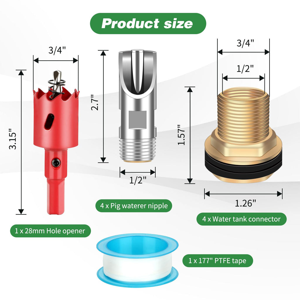 Lonepetu 4 Pcs Pig Waterer Nipples for Barrel Kit, Stainless Steel Hog Waterer Nipples Automatic Pig Nipple Water Drinker Feeder Water System with Brass Tank Connector Kit for Piglets Goat
