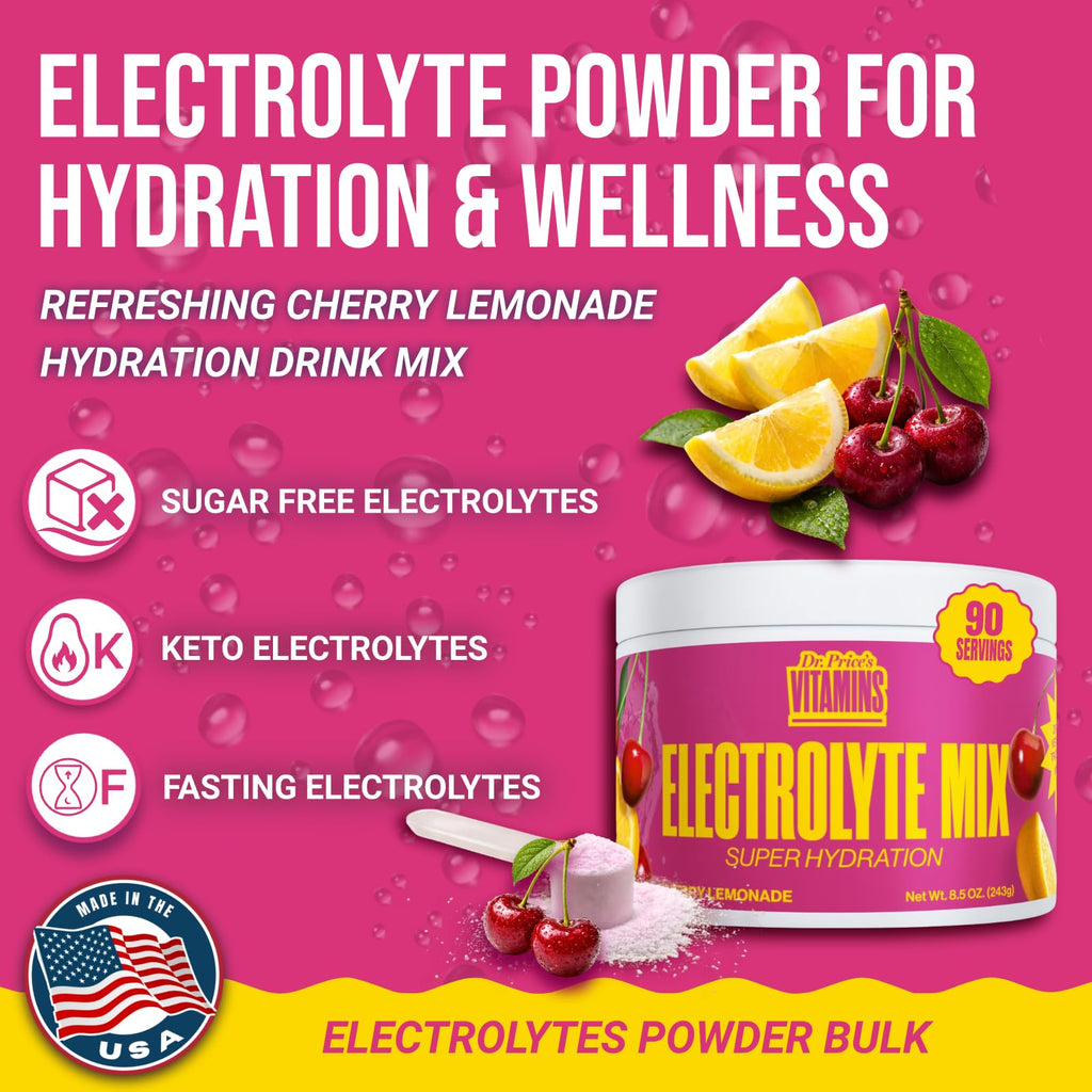 Dr. Price’s Electrolytes Powder Bulk – Cherry Lemonade, 90 Servings | Sugar Free Hydration Drink Mix with 72+ Trace Minerals, Manganese | Keto, Vegan, Doctor-Formulated, Made in USA