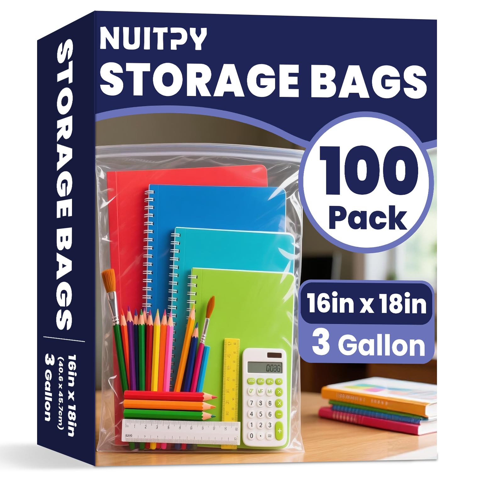 100 Pack Large 3 Gallon Storage Bags with Zipper Top, 16 x 18in Zipper Bags