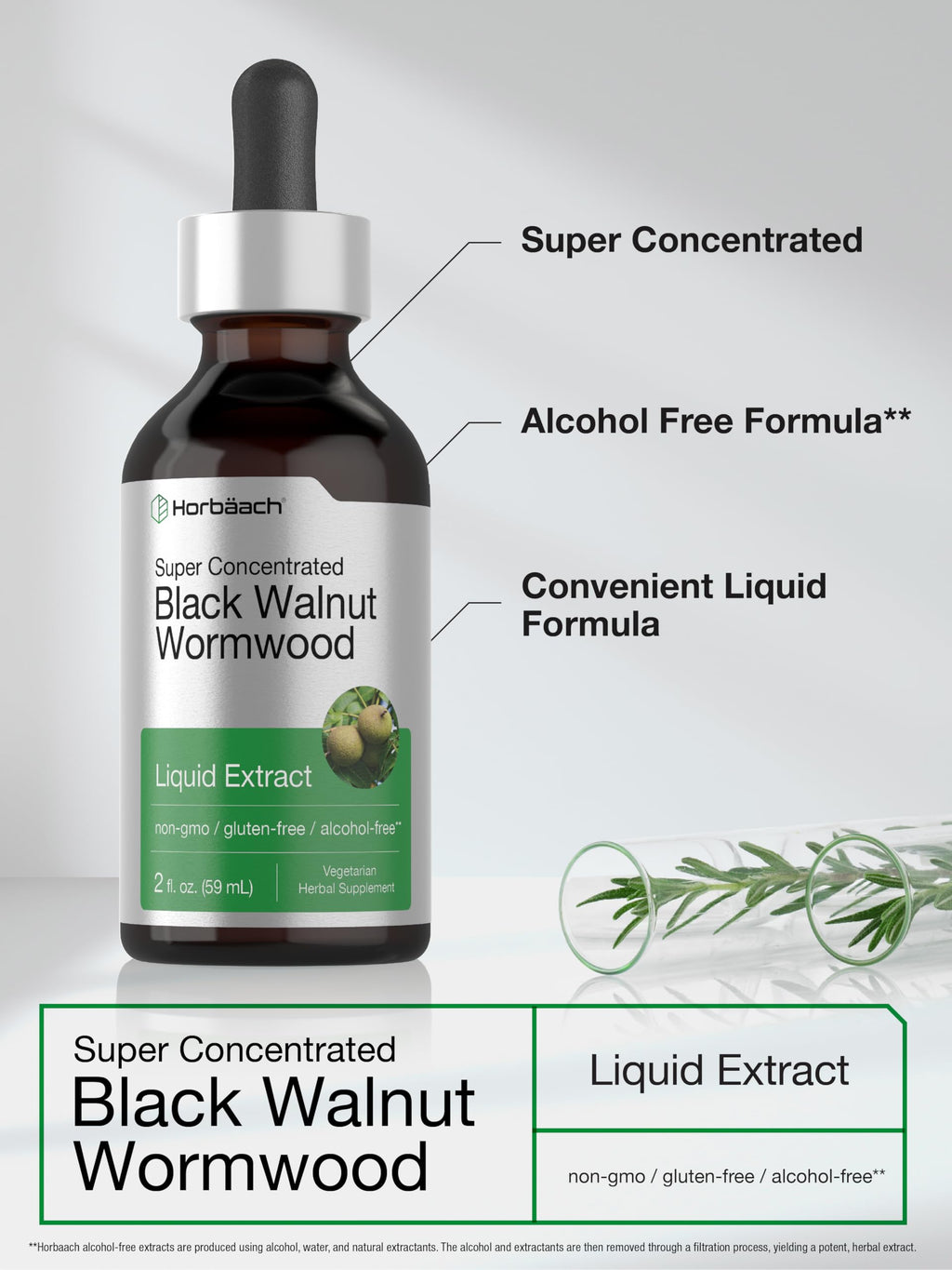 Horbäach Black Walnut Hull Wormwood Extract Tincture | 2 fl oz | Alcohol Free Liquid | Vegetarian, Non-GMO & Gluten Free Supplement