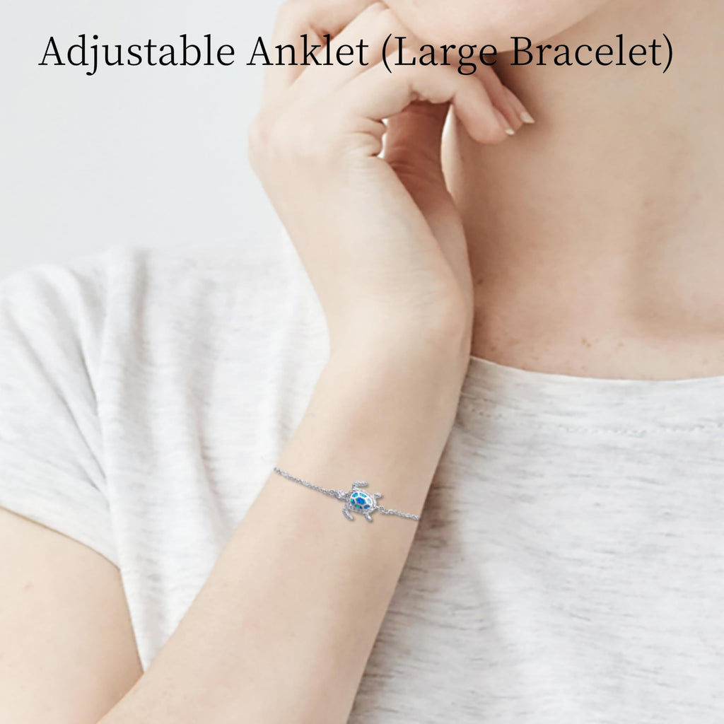 PUPILLEMON 925 Sterling Silver Blue Opal Sea Turtle Anklet for Women