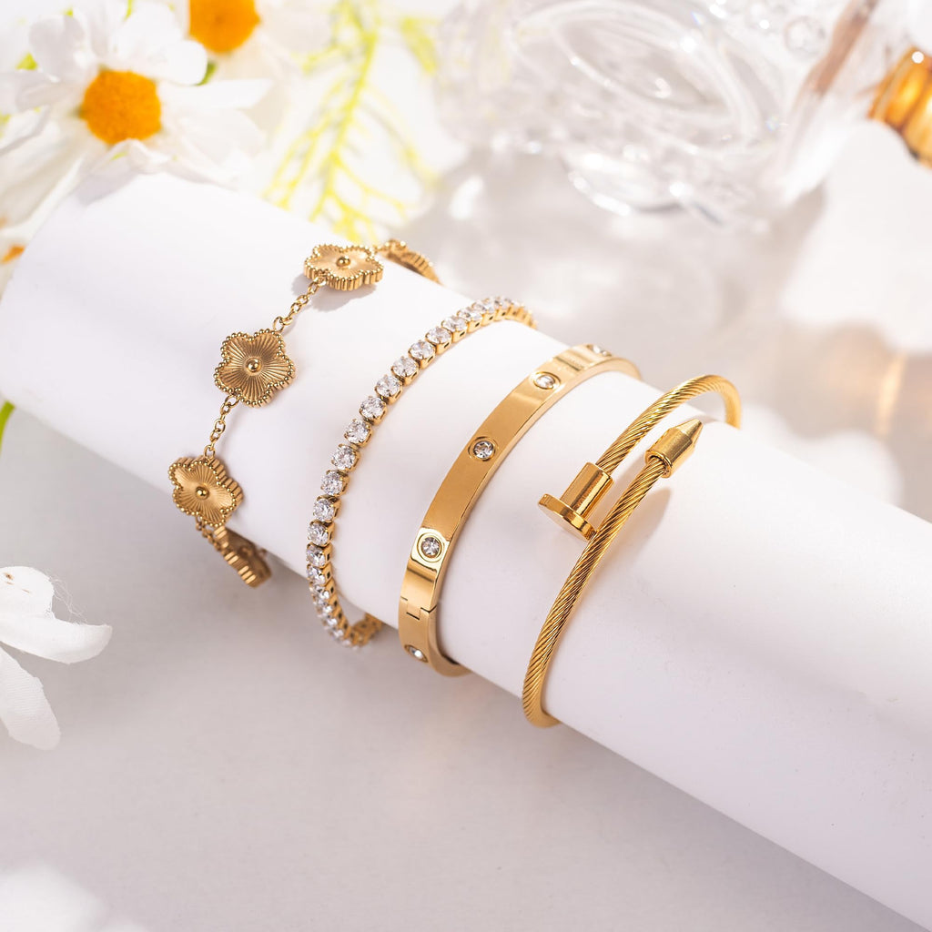 GIVCHO 18K Gold Plated Nail Love Bangle Bracelet Set for Women Stackable Floral Clover Adjustable Tennis Bracelet Non Tarnish Gift Jewelry for Christmas Valentines Birthday Mother's Day (Green)