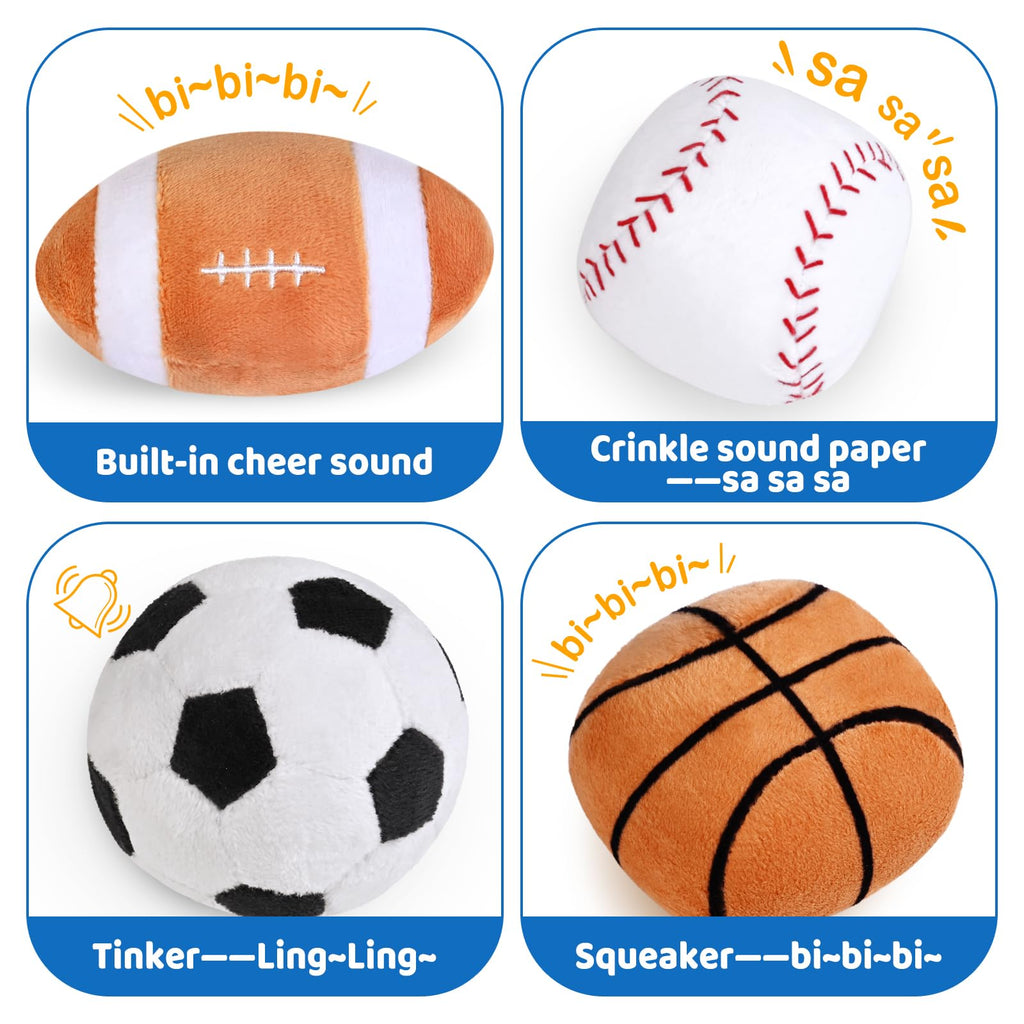 KMUYSL Baby Toys 0-12 Months, My First Sports Bag Plush Toy - 4 Sensory Balls Soft Toys with Crinkle, Rattles for 0-3-6-9-12 Month Newborn Infant, 1st Birthday for Babies Boys Girls Age 1