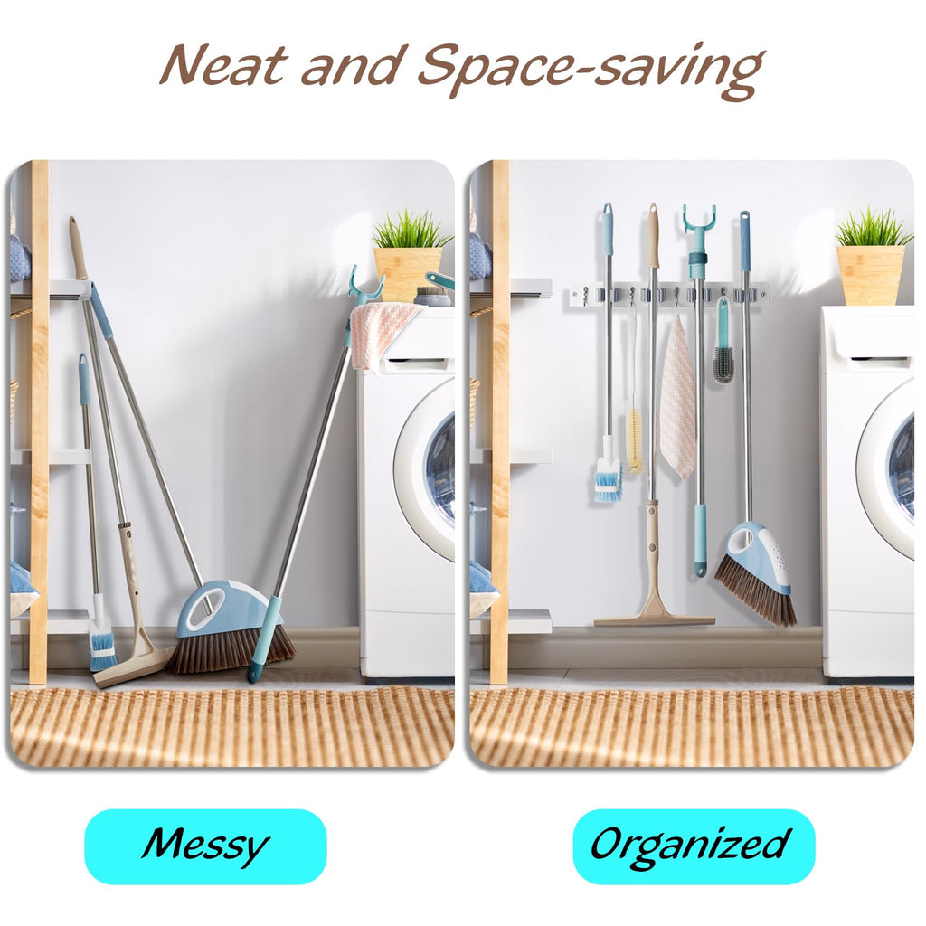 OUTNILI White Mop Broom Holder Wall Mount with 4 Slots & 4 Hooks - Wood Broom Mop Hanger for Pantry Closet Laundry Room Organization - Heavy Duty Garden Tool Organizer - White Kitchen Decor