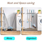 OUTNILI White Mop Broom Holder Wall Mount with 4 Slots & 4 Hooks - Wood Broom Mop Hanger for Pantry Closet Laundry Room Organization - Heavy Duty Garden Tool Organizer - White Kitchen Decor