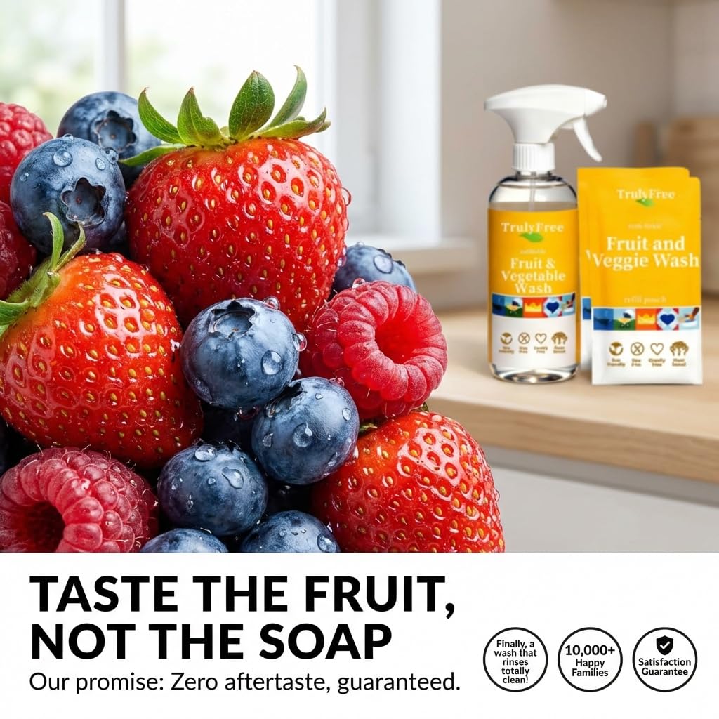 Truly Free Fruit and Vegetable Wash - Veggie Wash Removes 99% of Dirt & Wax | Plant-Based Produce Cleaner Spray | No Aftertaste, Refillable, Made in USA | Fragrance-Free, 16oz