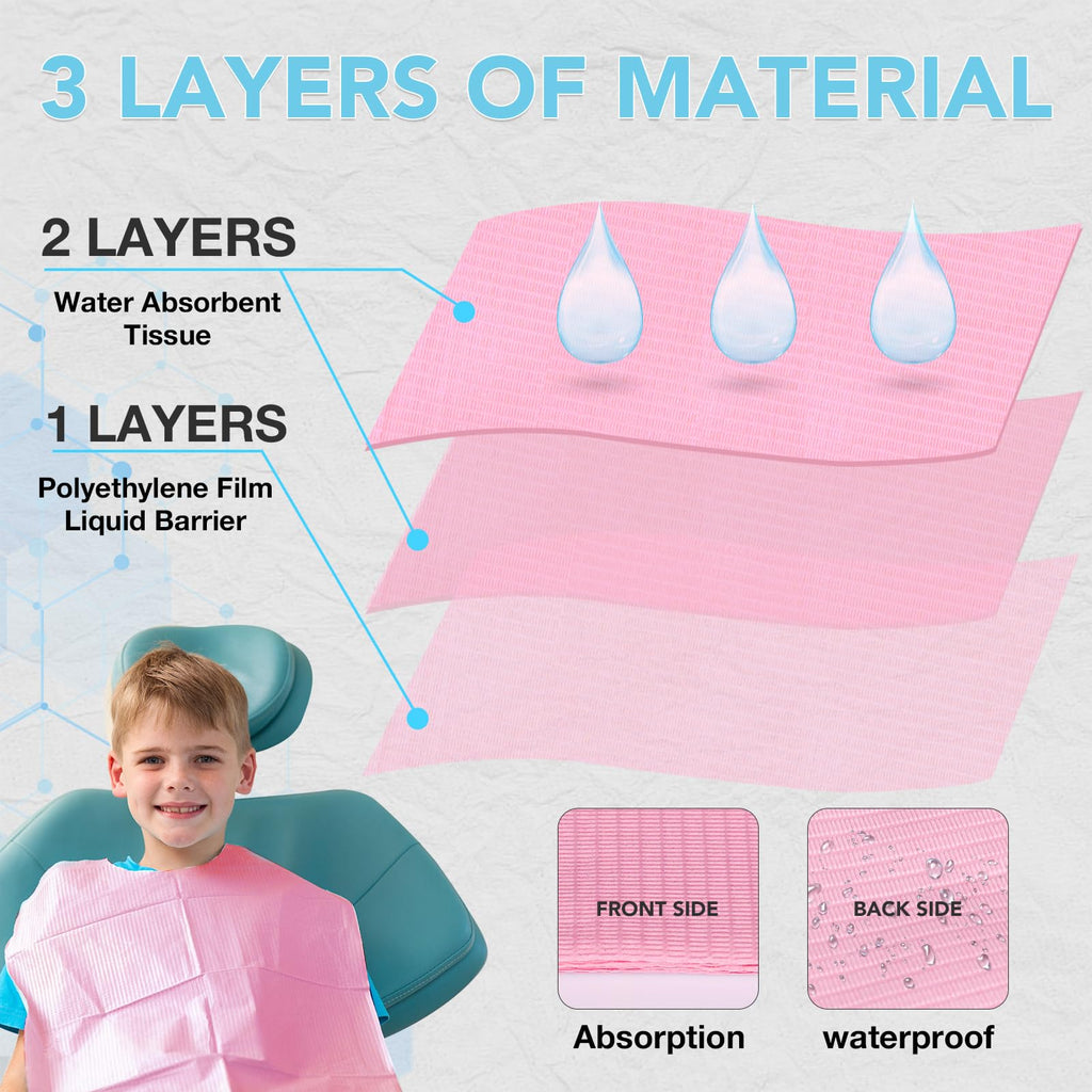 550 Pack Disposable Dental Bibs 13"x18", 3-Ply Waterproof Tattoo Bibs Sheet for Nail Salon, Dental Clinic, Feeding, Tattoo Shop (Pink)