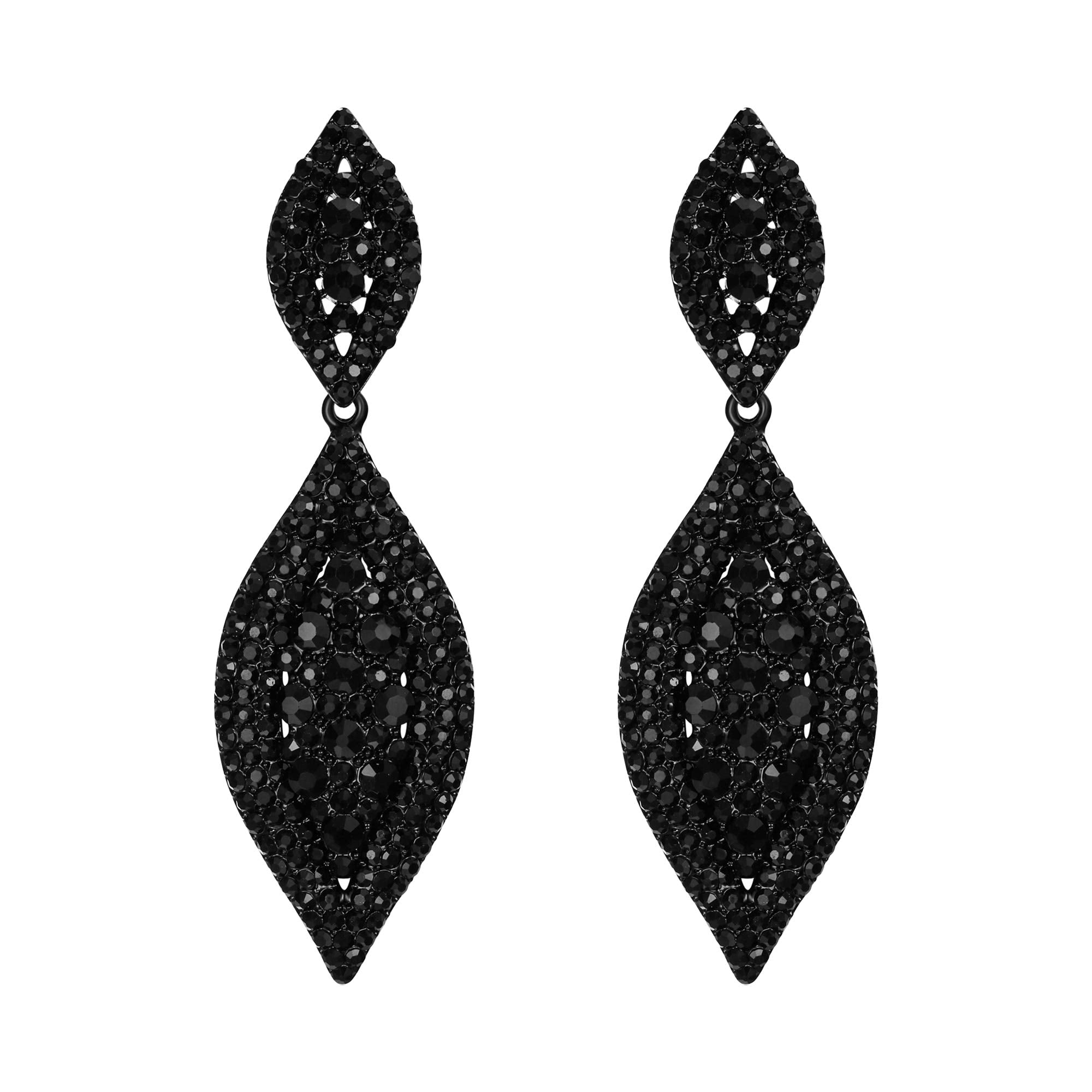 Flyonce Women's Rhinestone Crystal Wedding Bridal 2 Leaf Drop Dangle Chandelier Earrings Deep Black