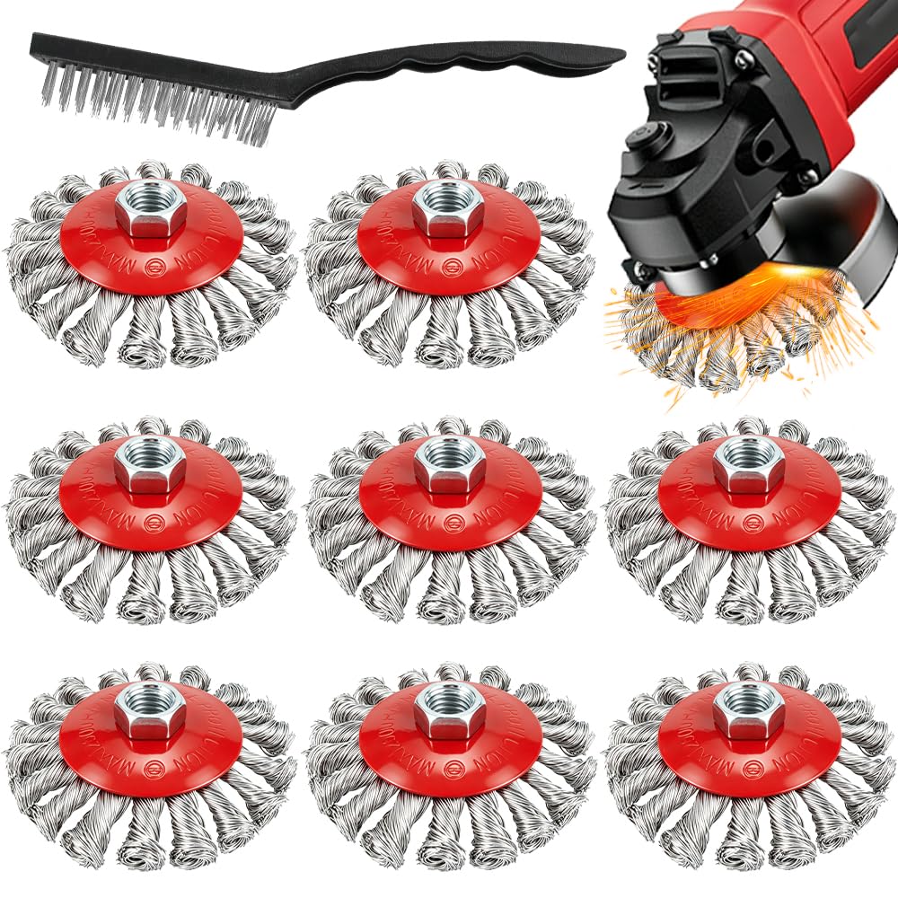 SBGGRL 9 Pack Wire Wheel Brush for Angle Grinder, Wire Wheels Attachment for 4-1/2" Angle Grinders, Screws on 5/8” Thread, 4 Inch Knotted Twist Carbon Steel Brush Set for Rust, Paint & Metal Removal
