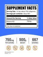 BulkSupplements.com Betaine HCl Powder - Betaine Hydrochloride Supplement, Digestive Support - Gluten Free, 750mg per Serving, 500g (1.1 lbs) (Pack of 1)