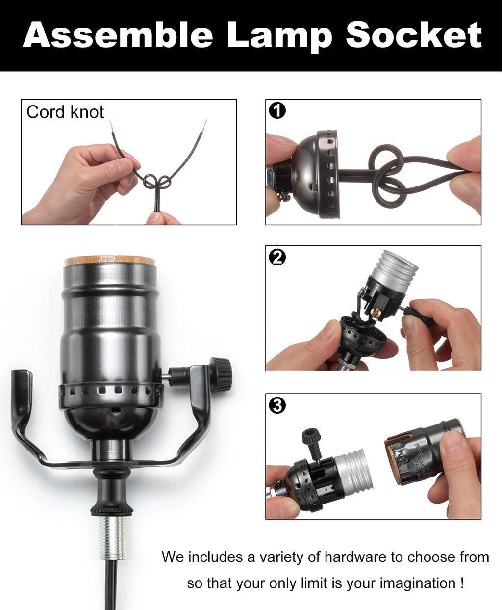 Black Lamp Rewire Kit, Lamp Wiring Kit with 12 FT Lamp Cord Replacement, 3 Way Socket and Essential Hardware, Lamp Parts for Repair Table Lamps and Floor Lamps, Lamp Kits for Do It Yourself