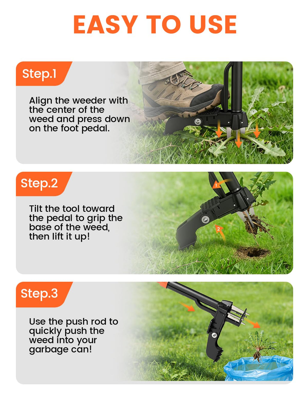 Weed Puller Tool 4-Claw Stand Up Weed Remover tools with Ergonomic Long Handle/Foldable Foot Pedal/Easy Eject,Heavy Duty Garden Weeding Tools for Dandelion,Crabgrass,Thistle–No Bending Kneeling