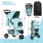 Magshion 3-Wheel Pet Stroller, Foldable Travel Jogger for Small & Medium Dogs & Cats (Up to 33lbs), Lightweight Carrier with Breathable Mesh Cover, Cup Holder & Storage Basket, Mint Green