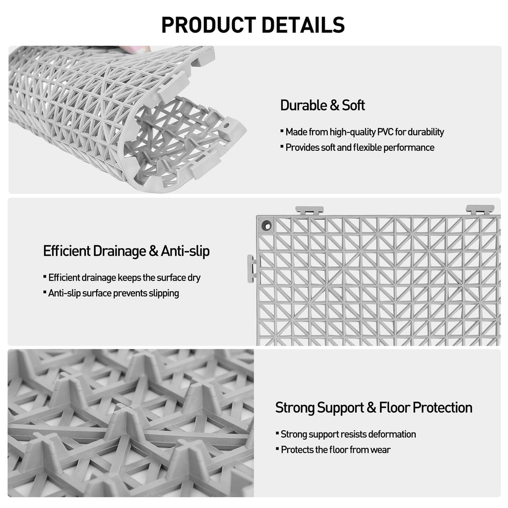 MAXWAVE 18 Pack 12" x 12" Modular Interlocking Floor Mats, Soft PVC Non-Slip Drainage Tiles, Splicing Rubber Cushion Flooring for Deck, Shower, Pool, Basement, Shed, Indoor and Outdoor Use