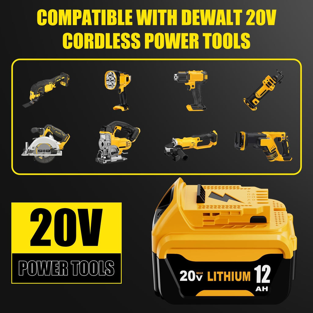 Goldspill 2 Packs 12000mAh High Capacity DCB206 Replacement for Dewalt 20V Max Battery Compatible with Dewalt 20V Battery Lithium Ion DCB200 DCB201 DCB203 DCB207 DCD/DCF/DCG Series Power Tools