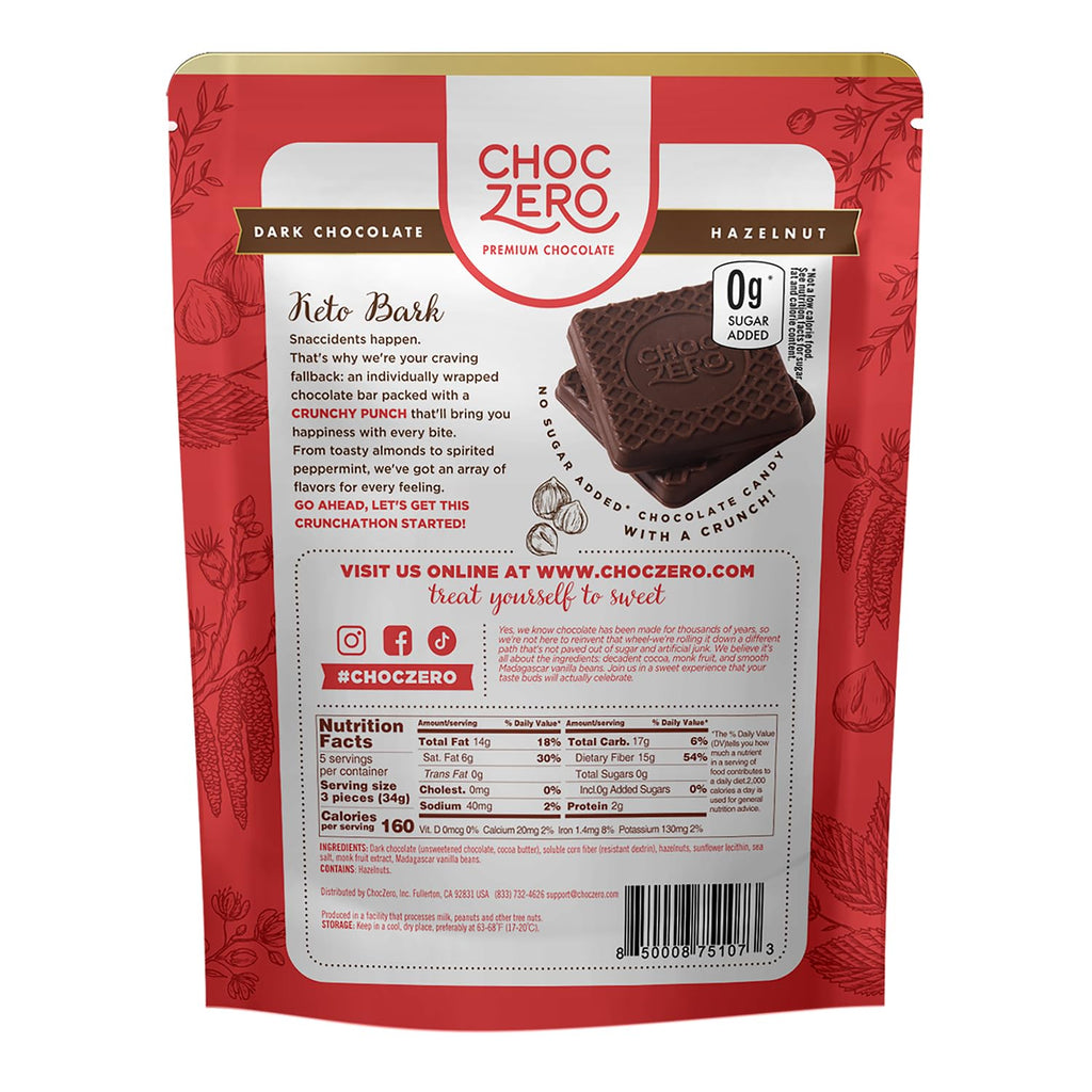 ChocZero Keto Bark, Dark Chocolate Hazelnut with Sea Salt, Sugar Free, Low Carb, No Sugar Alcohols, No Artificial Sweeteners, All Natural, Non-GMO, 6 Ounce (Pack of 2)