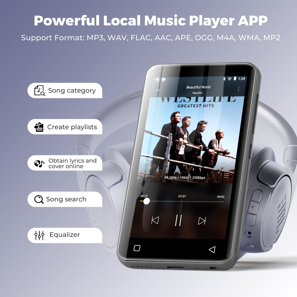 160GB MP3 Player with Bluetooth and WiFi, innioasis Music Player with Spotify,Pandora,Amazon Music,4" Touch Screen Android MP4 MP3 Player for Kids with Libby,Audible,Spotify Kids(Black)