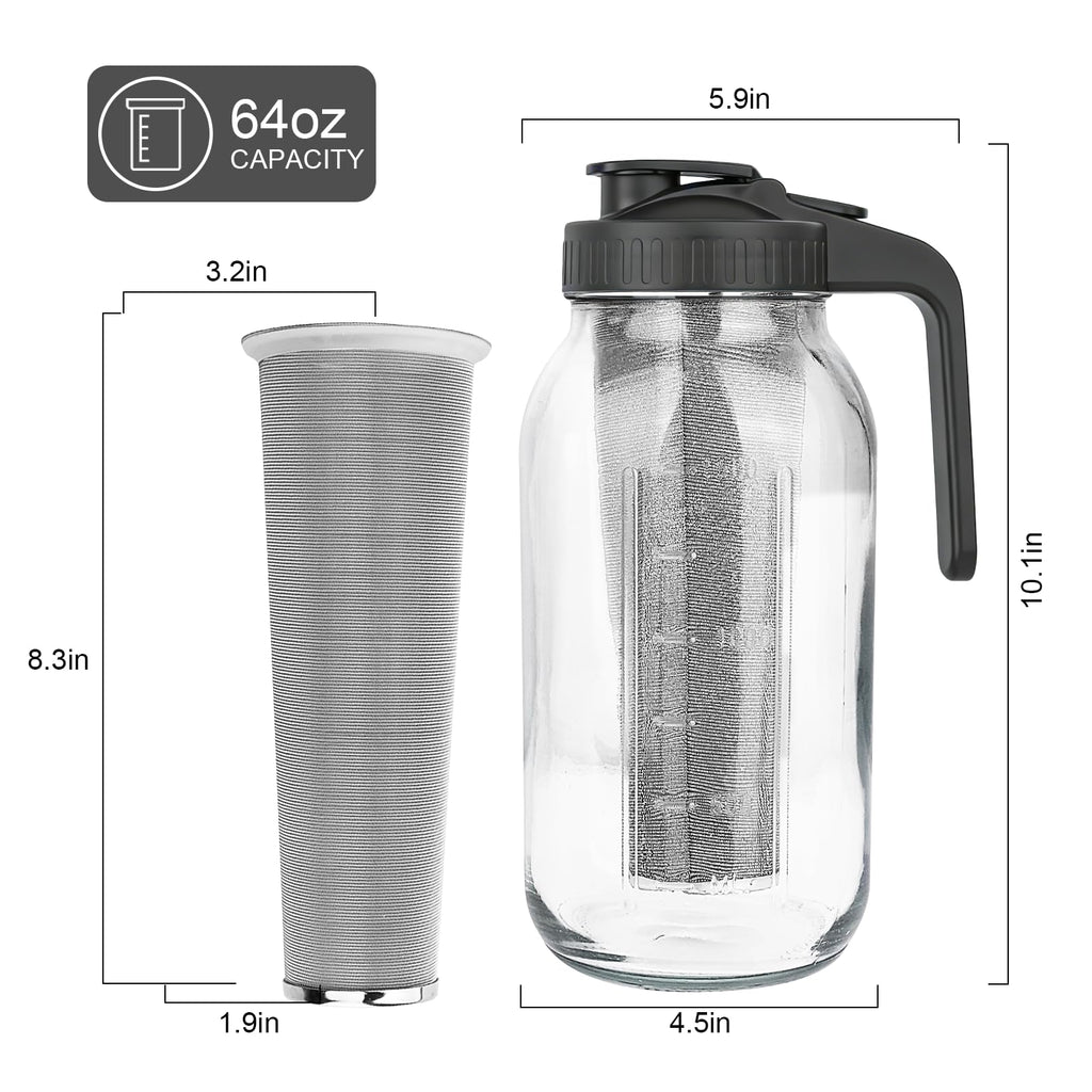 QHH Cold Brew Coffee Maker, 64 oz Mason Jar Pitcher with Stainless Steel Filter, Pour Spout Handle Lid, Airtight & Leak-Proof for Iced Coffee,Tea & Lemonade
