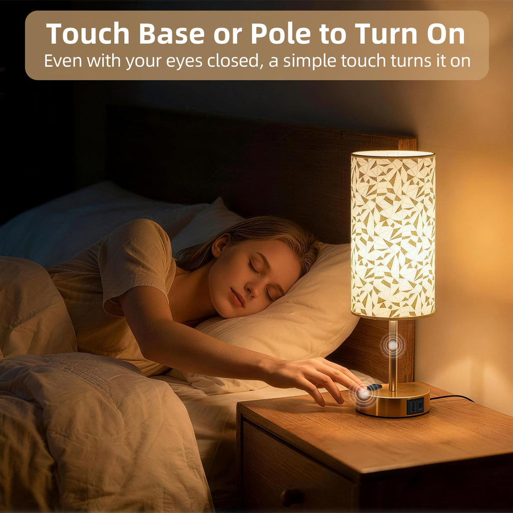 Fitfull Table Lamp for Nightstand, High-Sensitivity Touch, 3-Level Dimmable Bedside Lamp with AC Outlet | USB | and USB-C, Ideal Night Stand Lamp for Bedroom, Reading, Living Room(Triangle&Gold)